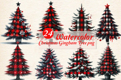 24 Watercolor Christmas Gingham Tree PNG Bundle Buffalo Plaid Holiday