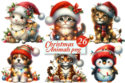 Christmas Animals PNG Clipart Bundle | Watercolor Cute Holiday Animals, Santa Hats, Christmas Lights & Festive Designs