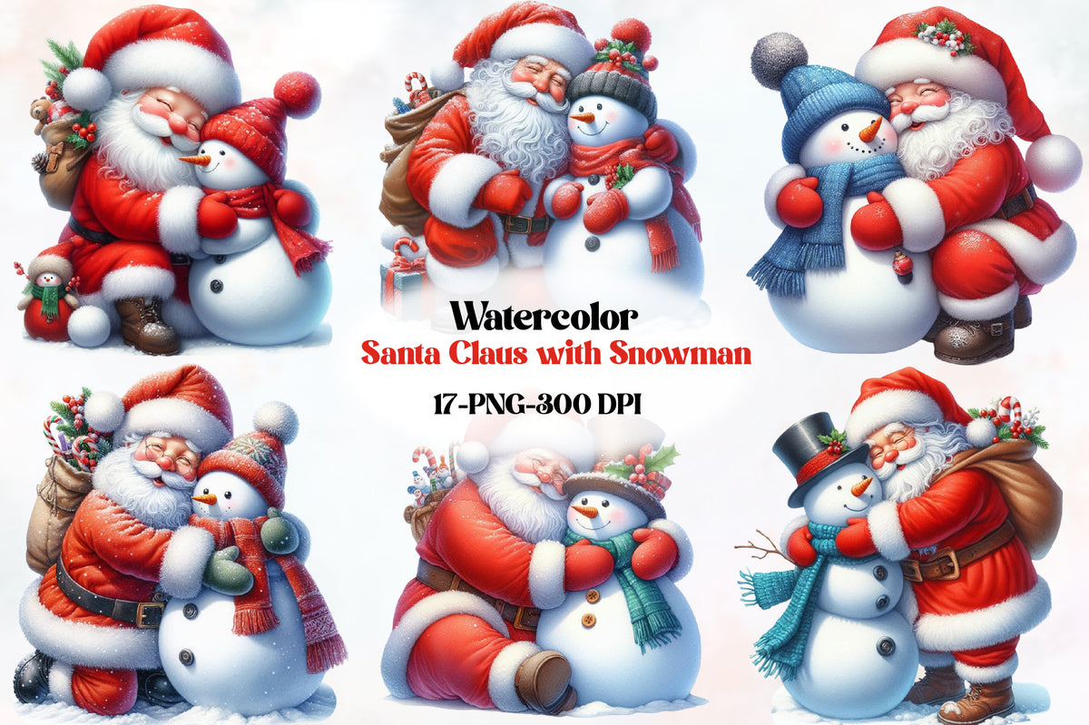 Santa Claus with Snowman PNG Christmas Watercolor Clipart