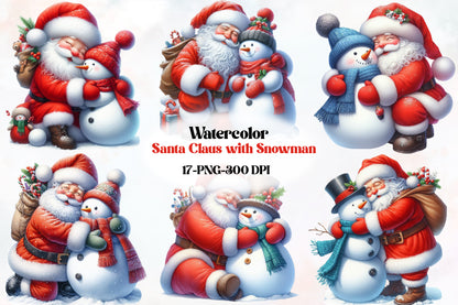 Santa Claus with Snowman PNG Christmas Watercolor Clipart