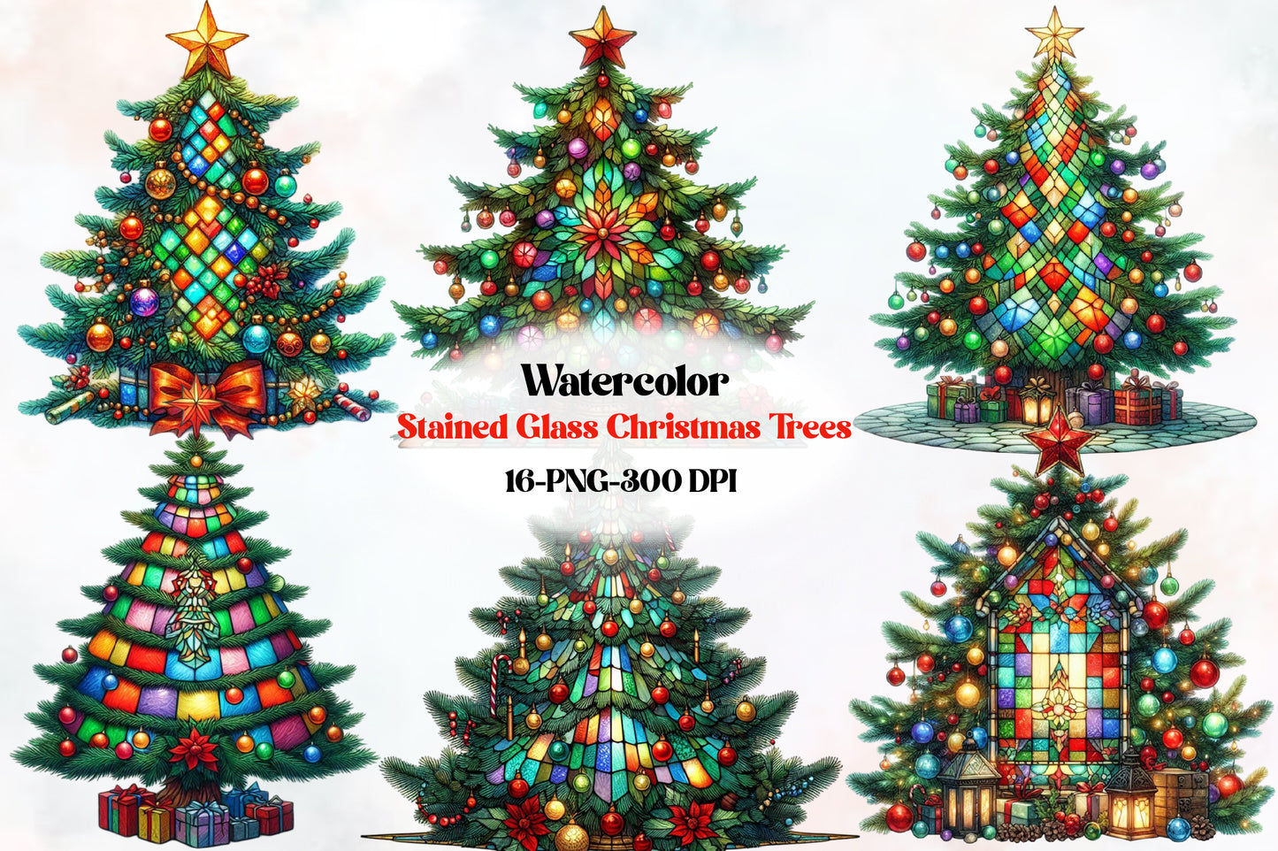 Stained Glass Christmas Trees Clipart PNG Bundle | Colorful Watercolor Christmas Tree, Ornament & Holiday Designs