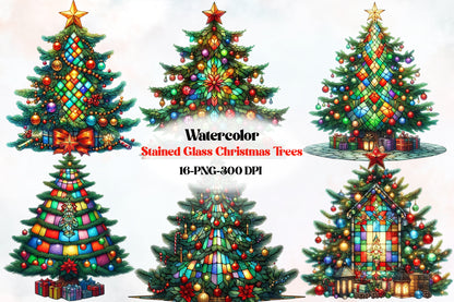 Stained Glass Christmas Trees Clipart PNG Bundle | Colorful Watercolor Christmas Tree, Ornament & Holiday Designs