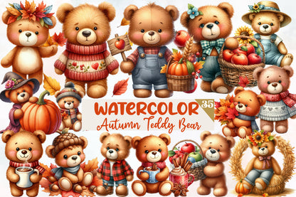 Autumn Teddy Bear Sublimation Clipart PNG Bundle | Watercolor Cozy Fall Teddy Bear Clipart | Rustic Harvest Bear PNG