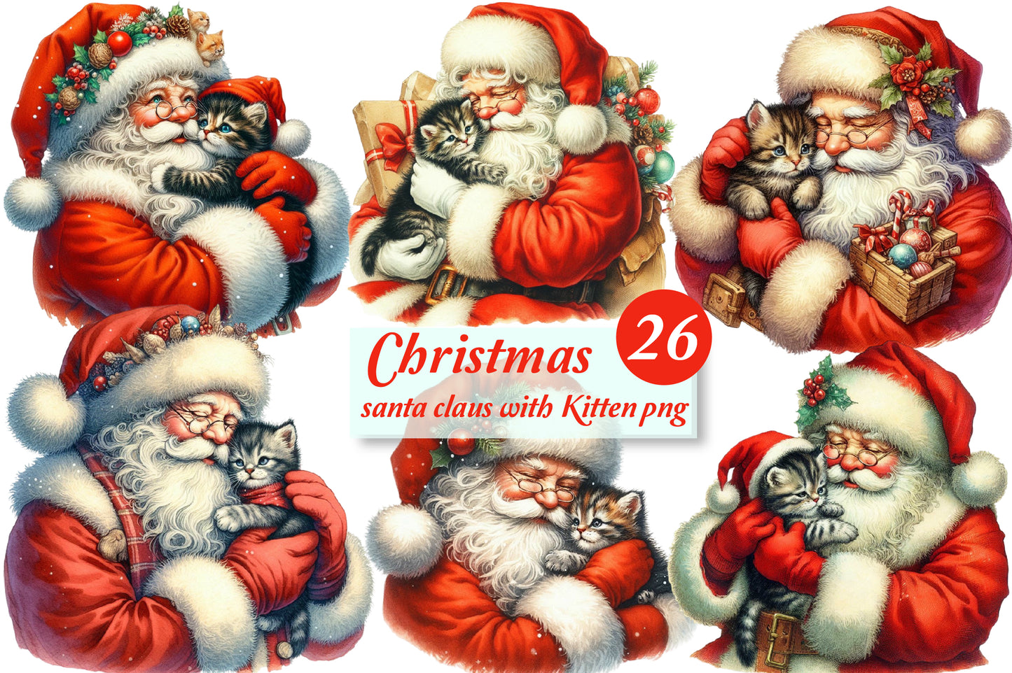 26 Christmas Santa Claus with Kitten PNG Bundle Watercolor