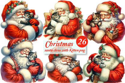 26 Christmas Santa Claus with Kitten PNG Bundle Watercolor