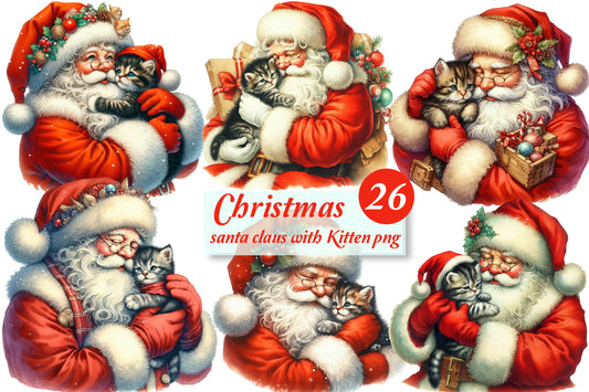26 Christmas Santa Claus with Kitten PNG Bundle Watercolor