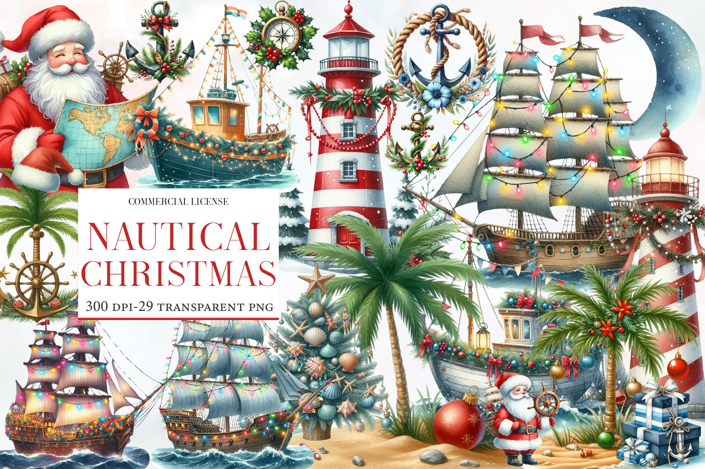 Nautical Christmas Clipart PNG Bundle | Coastal Christmas Watercolor Clipart | Beach Holiday Sublimation PNG