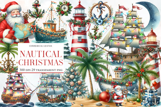 Nautical Christmas Clipart PNG Bundle | Coastal Christmas Watercolor Clipart | Beach Holiday Sublimation PNG