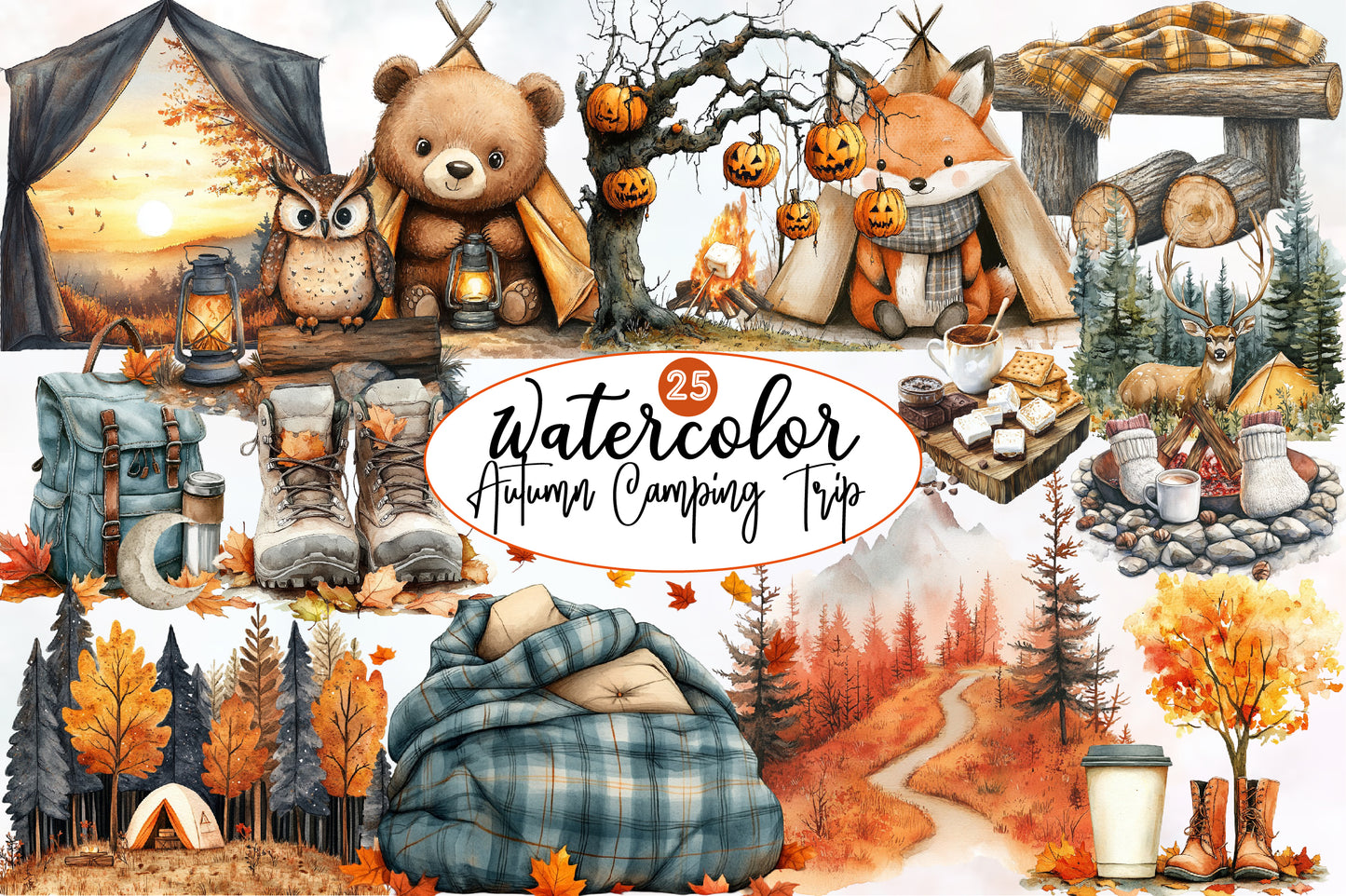 Autumn Camping Trip Clipart PNG Bundle | Watercolor Cozy Fall Camping Clipart | Rustic Campfire Adventure PNG