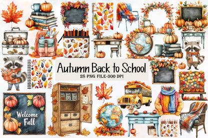 Autumn Back to School Clipart PNG Bundle | Watercolor Fall School Clipart | Cute School Supplies & Autumn PNG