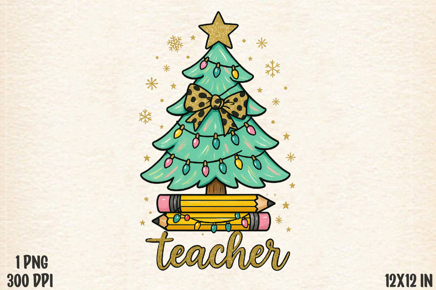 Christmas Teacher Tree PNG Leopard Bow School Holiday Design