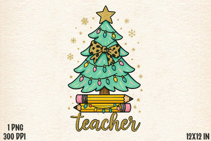 Christmas Teacher Tree PNG Leopard Bow School Holiday Design