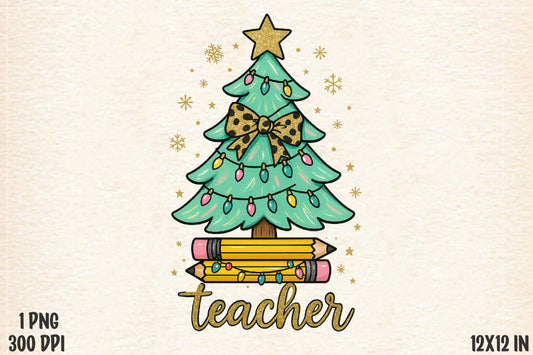 Christmas Teacher Tree PNG Leopard Bow School Holiday Design