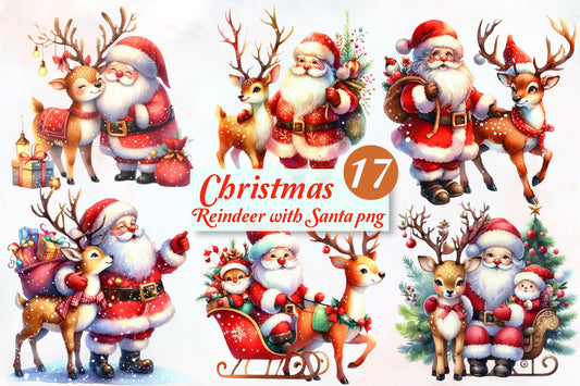 17 Christmas Reindeer with Santa PNG Sublimation Bundle Cute Holiday Deer