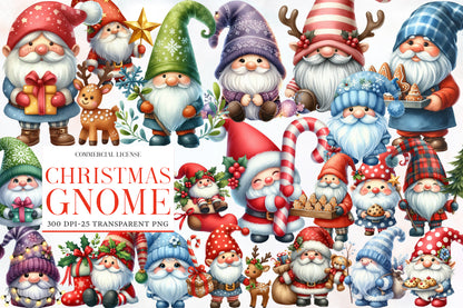 Christmas Gnome Sublimation Clipart PNG Bundle | Watercolor Cute Scandinavian Christmas Gnome PNG | Holiday Sublimation