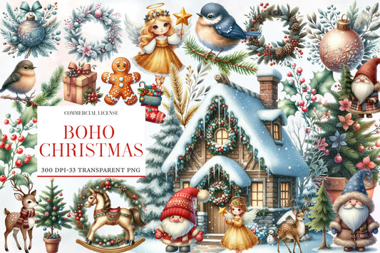 Boho Christmas Clipart Bundle PNG | Neutral Watercolor Christmas Clipart | Rustic Bohemian Holiday Sublimation