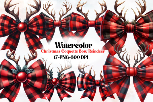 Watercolor Christmas Coquette Bow Reindeer Clipart PNG Bundle | Red Buffalo Plaid Bows & Antlers | Christmas Sublimation