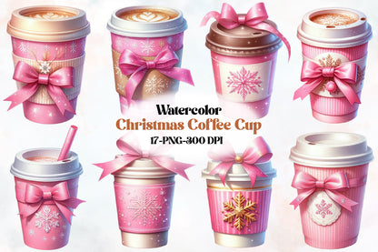 17 Christmas Coffee Cup PNG Clipart Bundle Watercolor Pink Bow Winter Mug