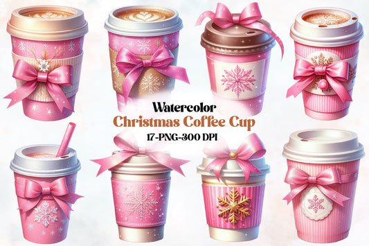 17 Christmas Coffee Cup PNG Clipart Bundle Watercolor Pink Bow Winter Mug