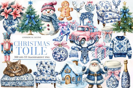 Christmas Toile Clipart PNG Bundle | Vintage Christmas Toile Watercolor Clipart | Elegant Holiday Toile Sublimation PNG