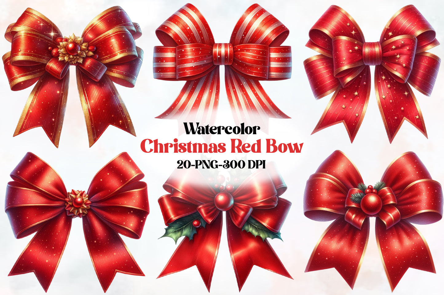 20 Christmas Red Bow PNG Clipart Bundle Watercolor Holiday Ribbon Bow Designs