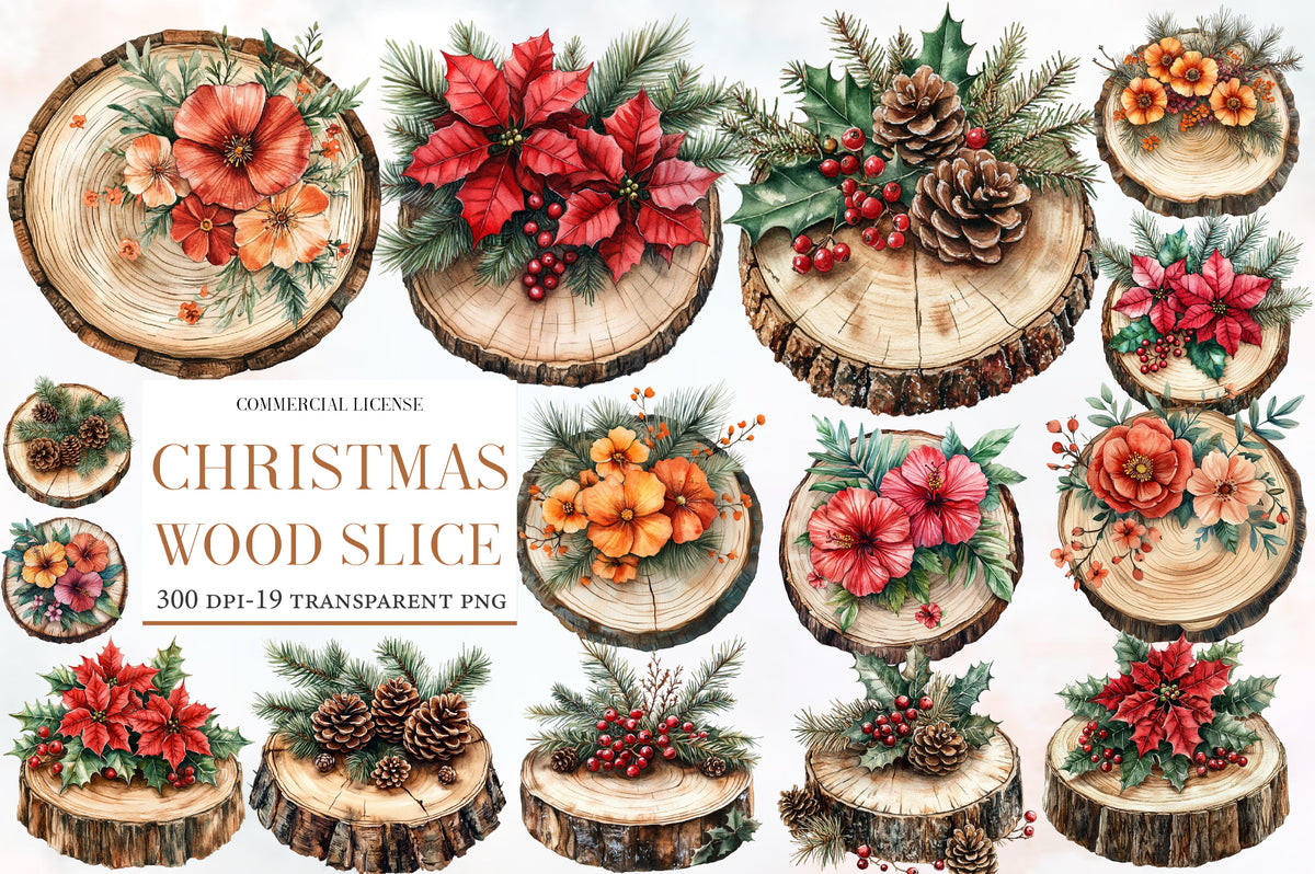 Christmas Wood Slice Clipart PNG Bundle | Rustic Wood Slices, Poinsettia, Pine, Holly, Pinecones & Christmas Floral Decor