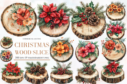 Christmas Wood Slice Clipart PNG Bundle | Rustic Wood Slices, Poinsettia, Pine, Holly, Pinecones & Christmas Floral Decor