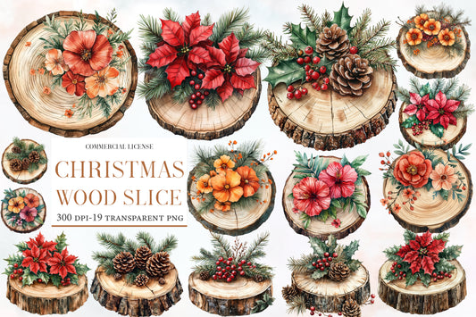 Christmas Wood Slice Clipart PNG Bundle | Rustic Wood Slices, Poinsettia, Pine, Holly, Pinecones & Christmas Floral Decor