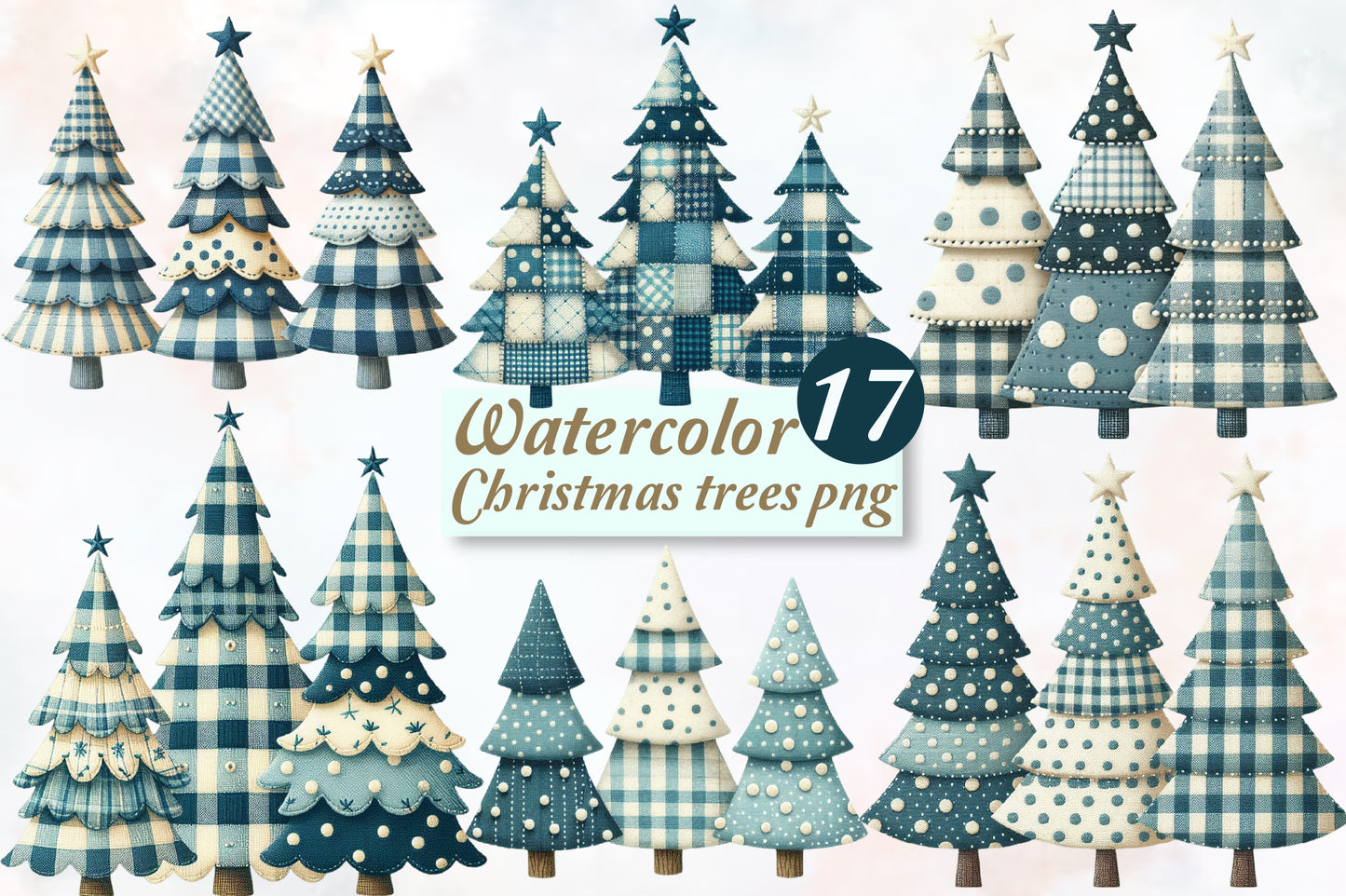 Watercolor Christmas Trees PNG Bundle Blue Plaid Holiday Trees