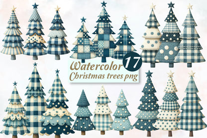 Watercolor Christmas Trees PNG Bundle Blue Plaid Holiday Trees
