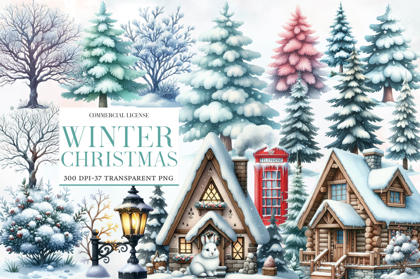 Winter Christmas Clipart PNG Bundle | Snowy Winter Watercolor Clipart | Cozy Christmas PNG