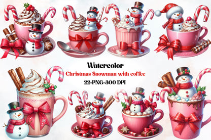 Christmas Snowman Coffee PNG Bundle | 22 Watercolor Christmas PNG Designs