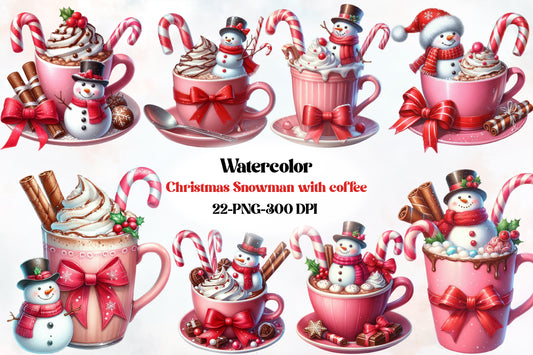 Christmas Snowman Coffee PNG Bundle | 22 Watercolor Christmas PNG Designs