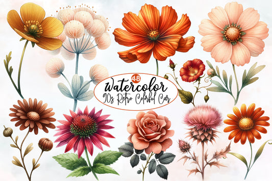 Watercolor 90s Retro Colorful Flowers Clipart Bundle Vintage Floral PNG