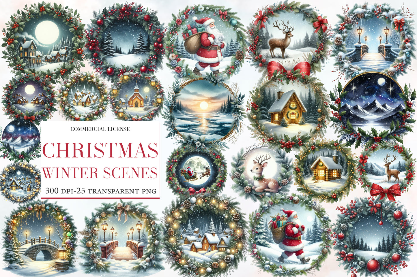 Christmas Winter Scenes PNG Bundle | Watercolor Snowy Christmas Landscape Clipart | Cozy Holiday Winter PNG