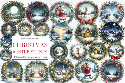 Christmas Winter Scenes PNG Bundle | Watercolor Snowy Christmas Landscape Clipart | Cozy Holiday Winter PNG