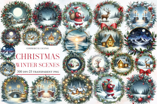 Christmas Winter Scenes PNG Bundle | Watercolor Snowy Christmas Landscape Clipart | Cozy Holiday Winter PNG