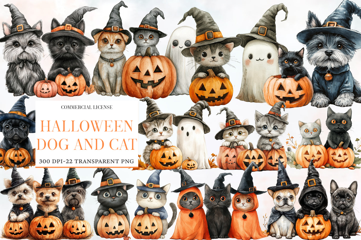 Halloween Dog and Cat Clipart PNG | Cute Witch Hat Pets, Black Cat & Puppy Pumpkin Clipart,