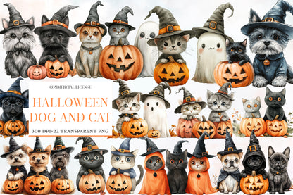 Halloween Dog and Cat Clipart PNG | Cute Witch Hat Pets, Black Cat & Puppy Pumpkin Clipart,