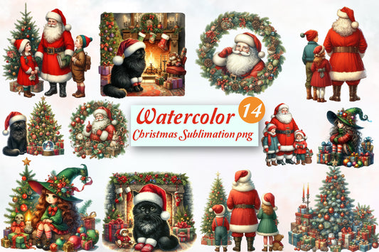 Christmas Sublimation PNG Bundle | 14 Watercolor Santa Holiday Designs