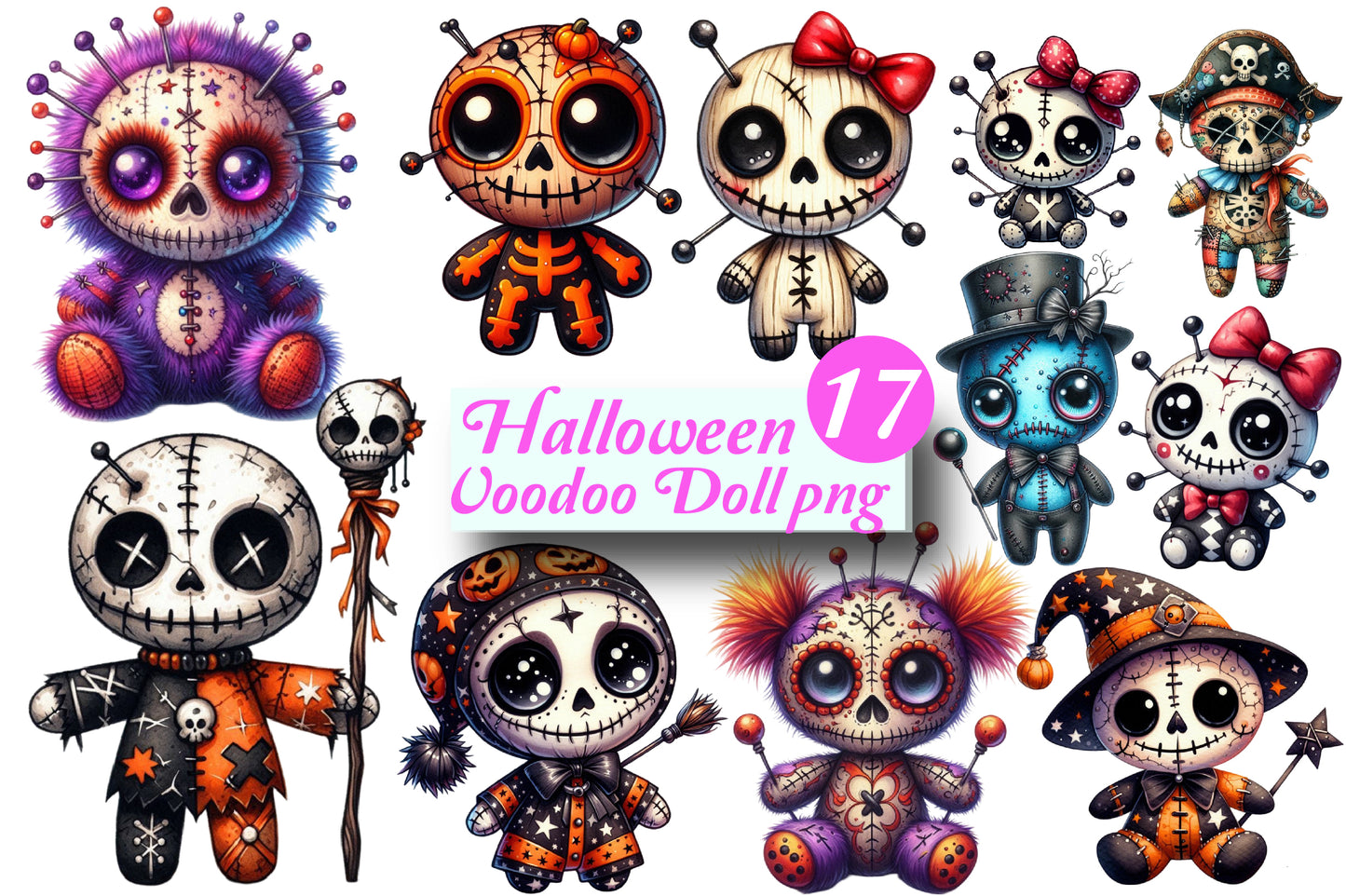 17 Halloween Voodoo Doll PNG Bundle Creepy Stitched Skull Doll Clipart