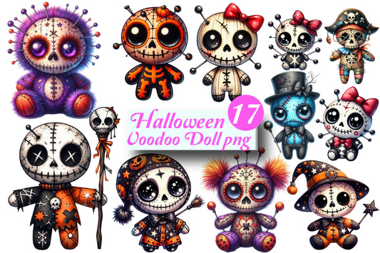 17 Halloween Voodoo Doll PNG Bundle Creepy Stitched Skull Doll Clipart