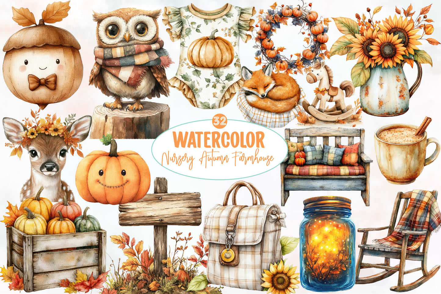 Watercolor Nursery Autumn Farmhouse Clipart Bundle 32 PNG