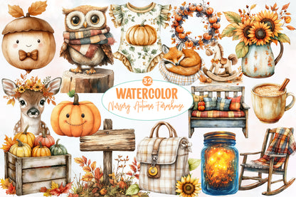 Watercolor Nursery Autumn Farmhouse Clipart Bundle 32 PNG