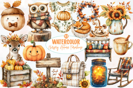 Watercolor Nursery Autumn Farmhouse Clipart Bundle 32 PNG