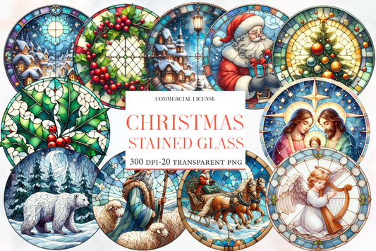Christmas Round Stained Glass Clipart PNG Bundle | Watercolor Round Christmas Stained Glass Designs | Holiday Sublimation PNG