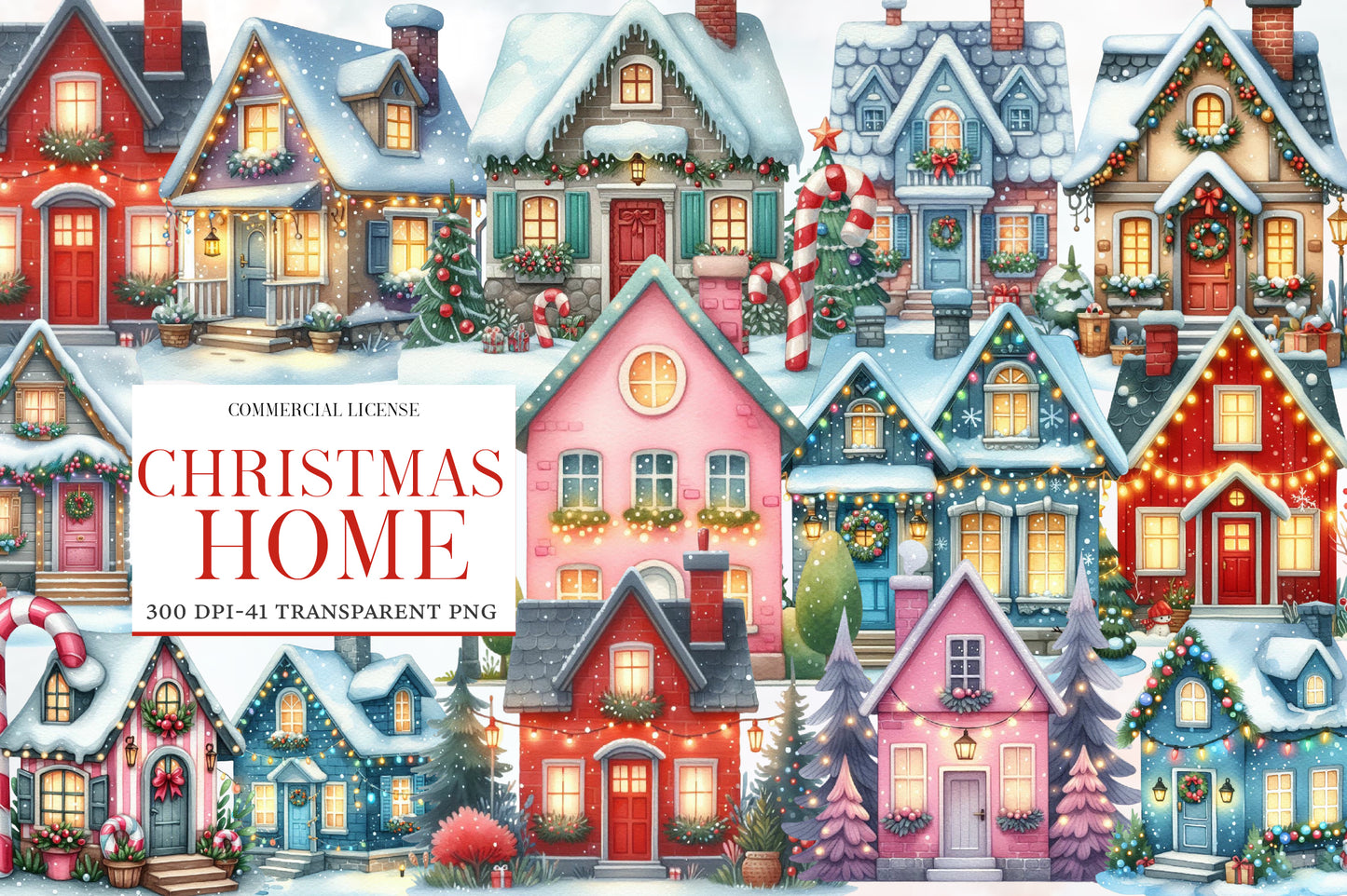 Christmas Home Clipart Bundle PNG | Watercolor Cozy Christmas Home Clipart | Holiday House Sublimation PNG