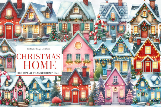 Christmas Home Clipart Bundle PNG | Watercolor Cozy Christmas Home Clipart | Holiday House Sublimation PNG