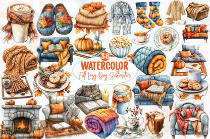 Watercolor Fall Lazy Day Sublimation Clipart Bundle 38 PNG