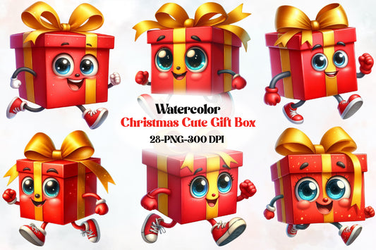 28 Christmas Gift Box PNG Clipart Bundle Watercolor Cute Holiday Present